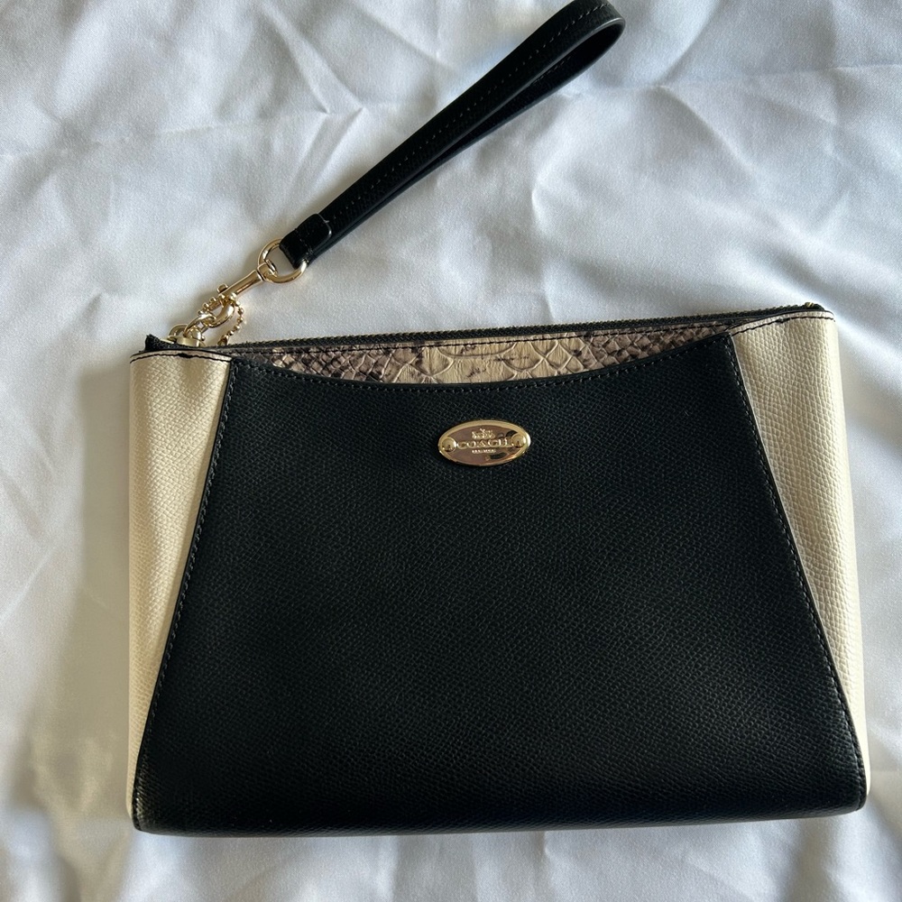 Coach Black and Cream Wristlet with Gold Accents